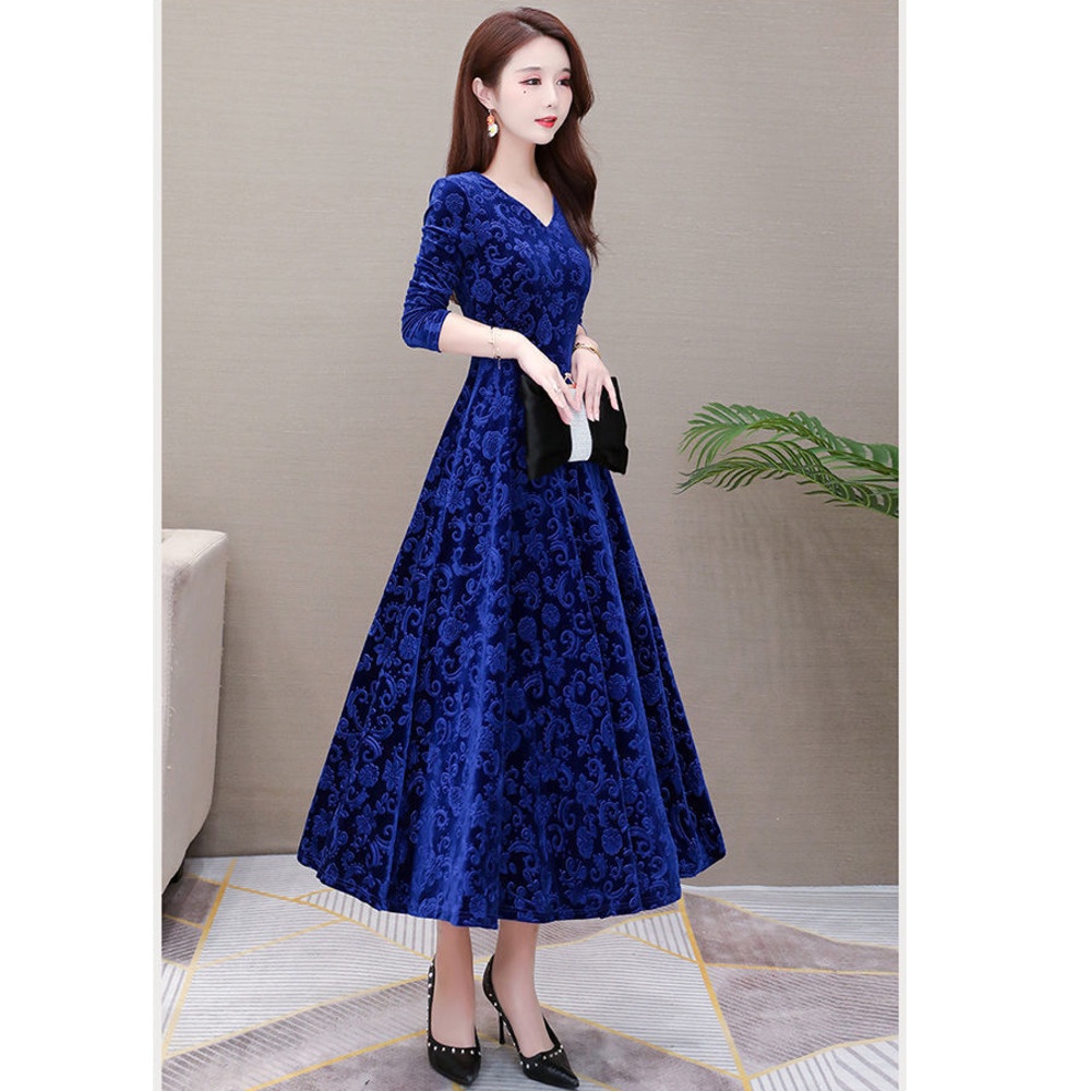 Đầm Nhung Tay Dài Dáng Chữ A Ôm Eo Thời Trang Mùa Thu Phong Cách Cổ Điển