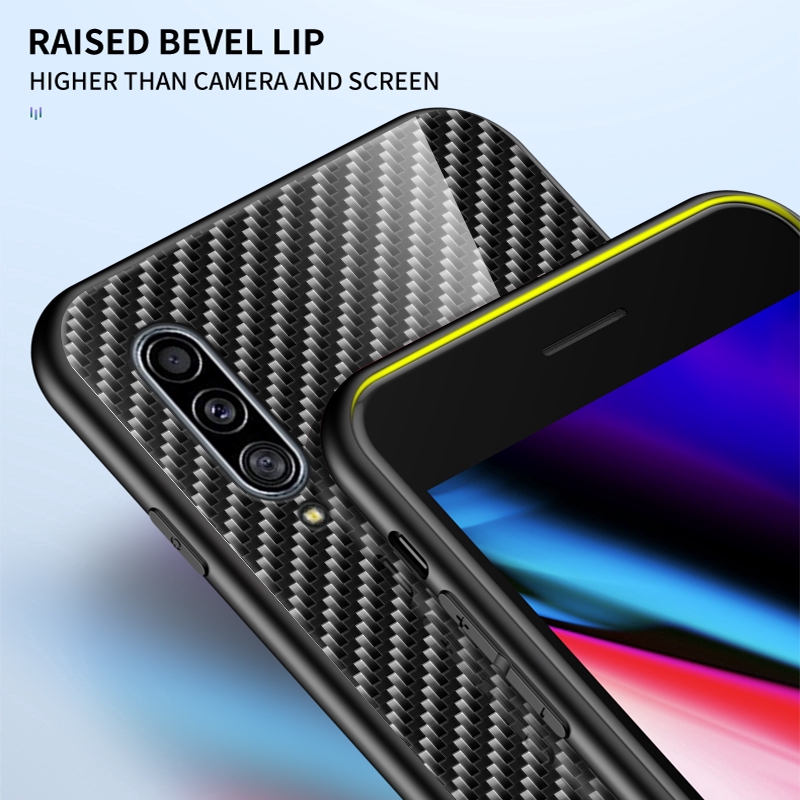 For Samsung A90 5G A10s M10s A50s A30s A50 A20s Carbon Fiber Glossy Texture Tempered Glass Phone Case