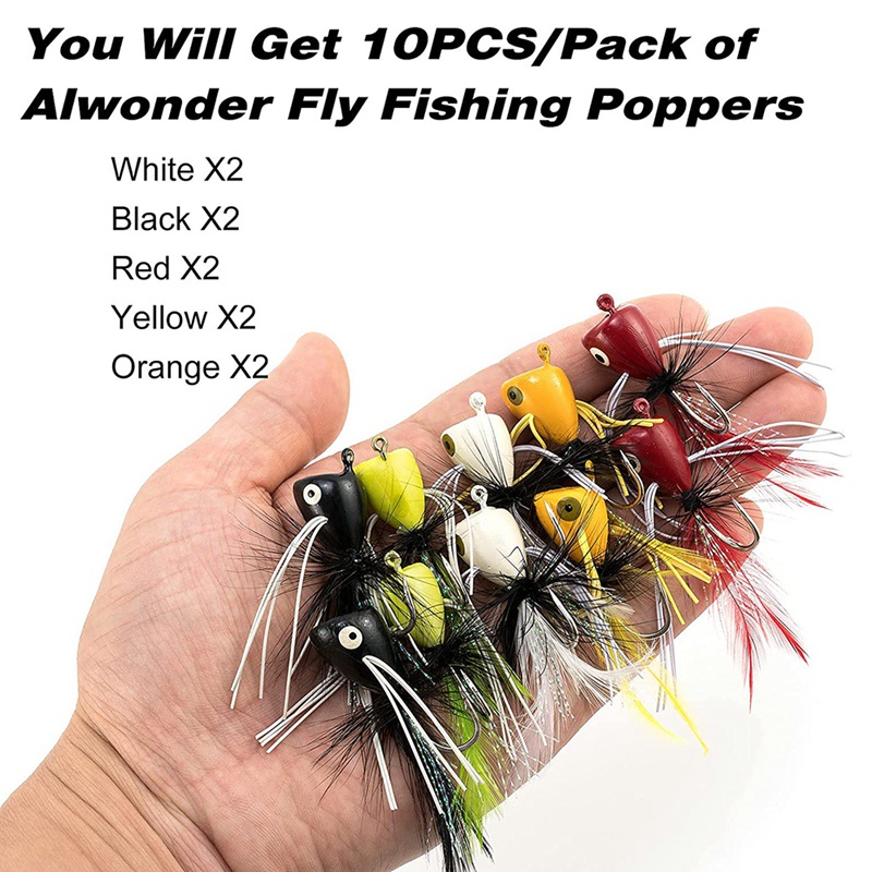10 CÁI Ruồi Câu Cá Poppers.Topwater Mồi Câu Cá Bass Crappie Bluegill Panfish Trout Cá hồi Cá rô Ruồi đầu thép