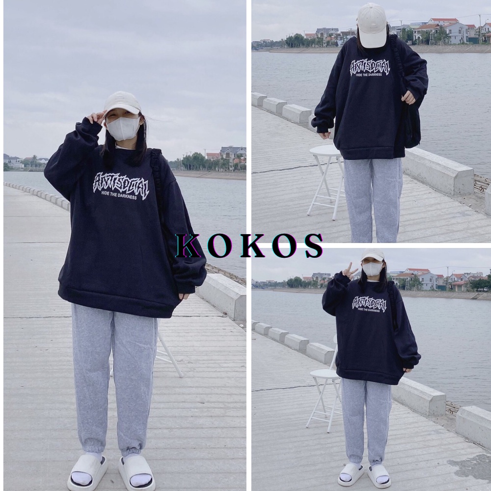 Set nỉ hoodie antisdeal Kokos nữ [freeship] bộ đồ ngủ áo sweater from rộng, tay bồng kèm quần nỉ bo gấu ulzzang 21074