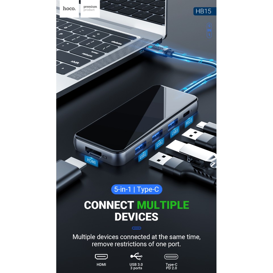 BỘ HOCO HB15 CHUYỂN TYPE-C SANG 3 CỔNG( USB3.0 x3+HDMI+PD)