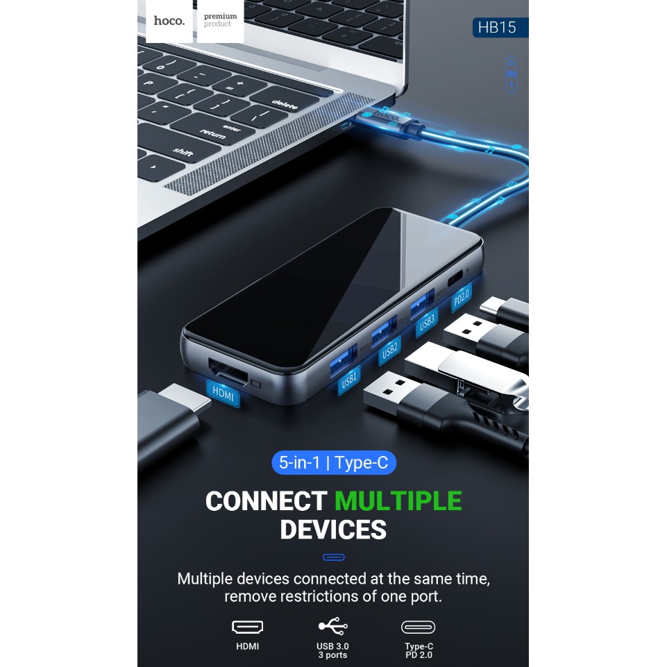 BỘ CHUYỂN TYPE-C SANG 3 CỔNG( USB3.0 x3+HDMI+PD)HOCO HB15