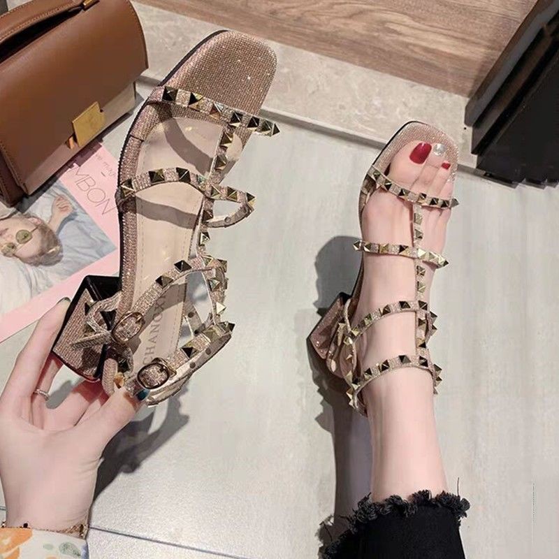 ☾☽ Giày Sandal Cao Gót Đính Đinh Tán Thời Trang Mùa Hè 2020 Cho Nữ