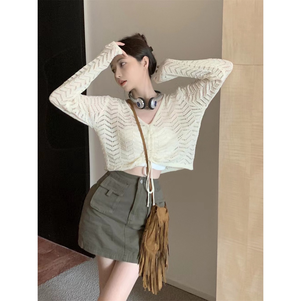 Áo Dệt Kim Lưới Tay Dài Cổ Chữ V Dáng Rộng Thiết Kế Dây Rút Thời Trang Cho Nữ Nhiều Màu