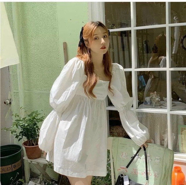 ĐẦM TRẮNG CỔ VUÔNG TAY BO | BigBuy360 - bigbuy360.vn