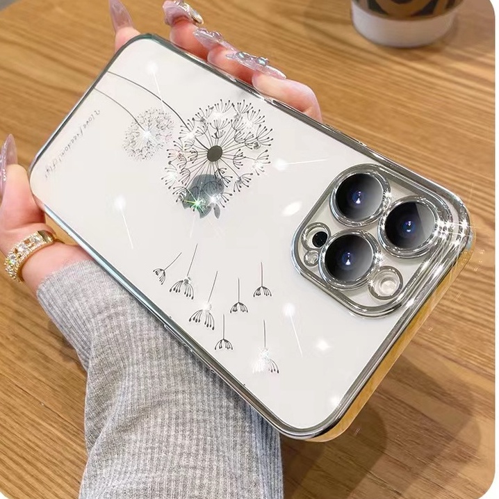 Ốp Điện Thoại Silicon Trong Suốt Họa Tiết Hoa Bồ Công Anh Đính Đá Chống Sốc Cho iPhone 13 12 11Promax XS Xr XSMAX