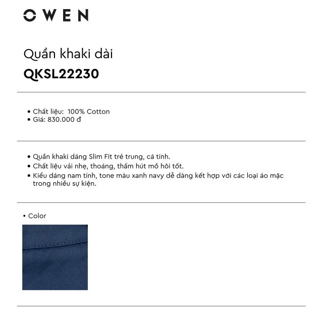 Quần Kaki Nam Owen QKSL22230 Màu Xanh Navy Kiểu Dáng Slim Fit Chất Liệu Cotton