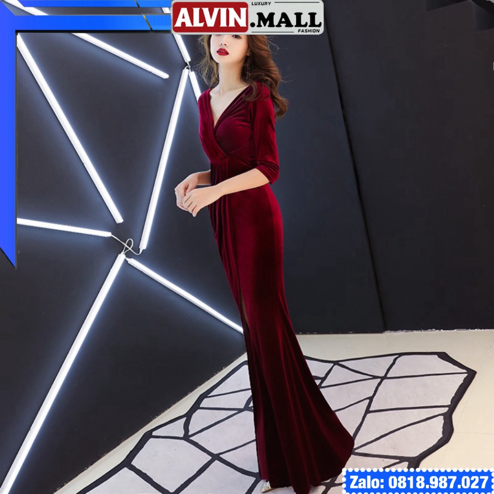 Đầm dự tiệc dạ hội nhung xẻ đùi cổ V bigsize gợi cảm sexy màu đỏ đen hồng kim giá rẻ đẹp