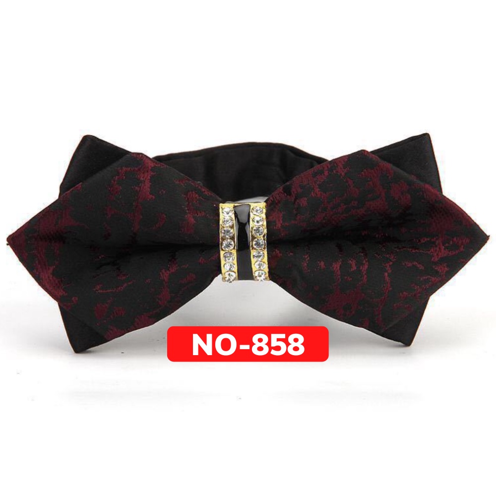 Nơ cài cổ áo Nam màu đen hoa văn đỏ đậm đính đá thời trang dành cho chú rể, dự tiệc, chụp ảnh NO-858
