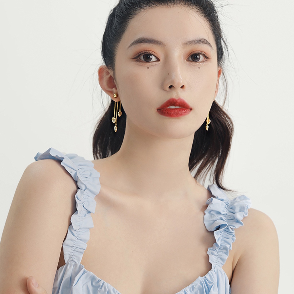 Bông Tai Mạ Bạc 925 Hình Trái Tim Phối Tua Rua Phong Cách Hàn Quốc