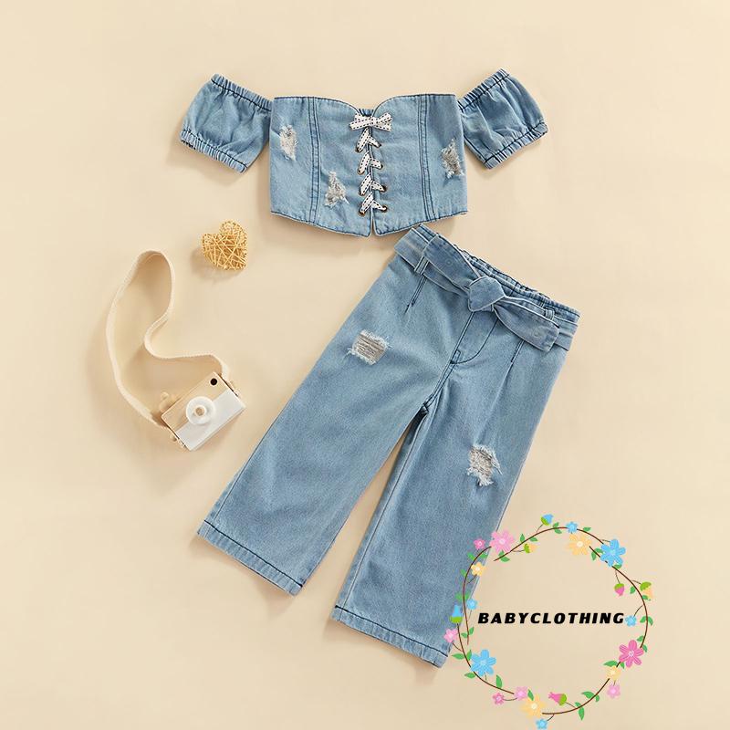 Set đồ 2 món gồm áo croptop trễ vai tay ngắn thắt dây + quần jeans rách thời trang cho bé gái