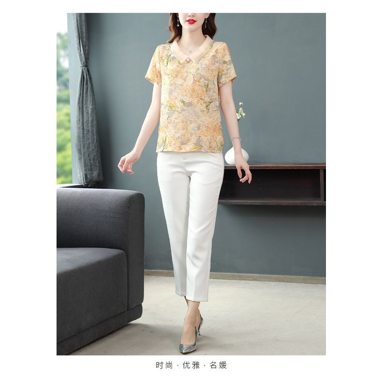 Áo Sơ Mi chiffon Cổ Búp Bê In Họa Tiết Hoa Thời Trang Mùa Hè Cho Nữ Trung Niên