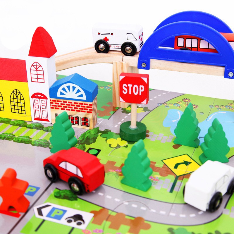 Mô hình đồ chơi BeThongMinh đường giao thông bằng gỗ nhiều chi tiết đường ray cầu vượt kèm ô tô cho bé