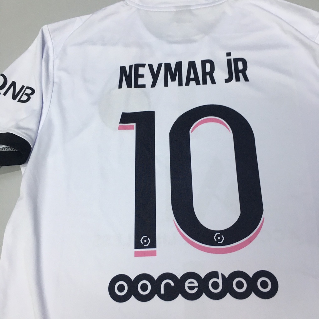 Áo Ngôi Sao-Bộ quần áo đá banh NEYMAR PSG trắng hồng sân khách 2022