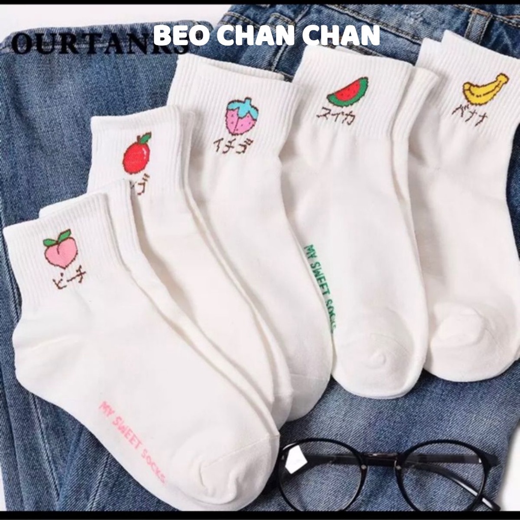 Tất vớ trắng thêu Hoa quả Style Hàn Quốc tất chuối, tất dưa hấu . Dâu tây