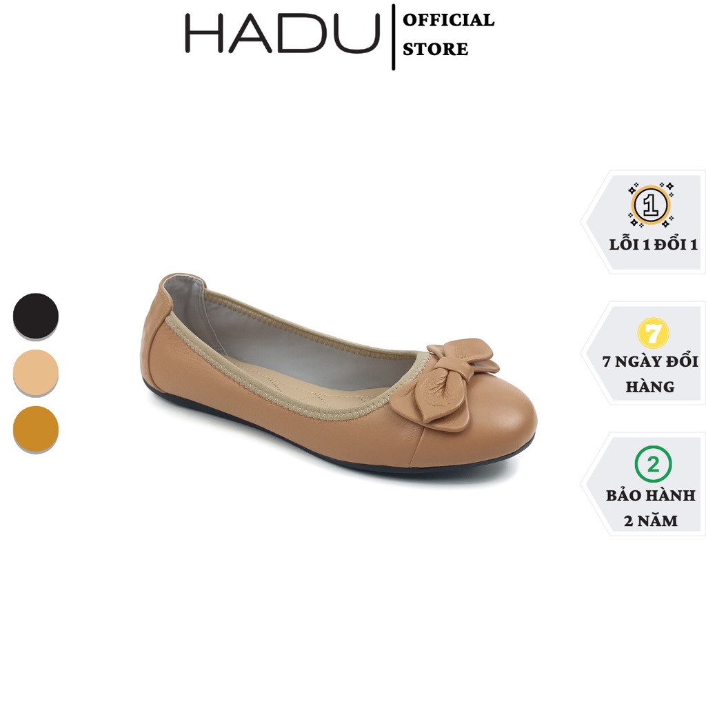 Giày búp bê nữ giày bệt nữ mũi tròn da thật nơ lá PRETTY HADU M060