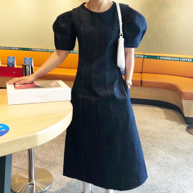 Đầm Jean KOREA Tay Bồng Viền Chỉ Có Túi