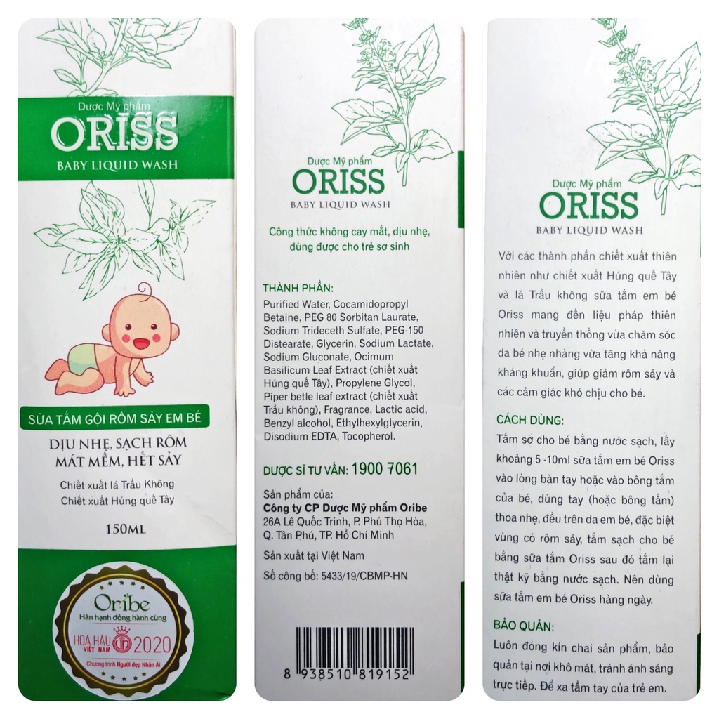Sữa Tắm Gội Rôm Sẩy Em Bé Oriss Baby Liquid Wash Không Cay Mắt - Chai 150ml