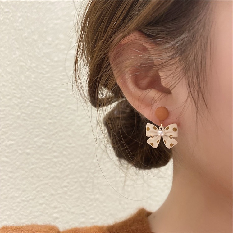 Bông Tai Hình Nơ Họa Tiết Chấm Bi Dễ Thương Phong Cách Hàn Quốc Cho Nữ