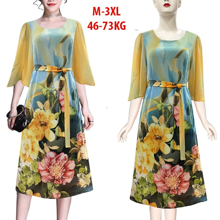 GOTI - Váy Đầm Trung Niên Nữ Cao Cấp Tay Cánh Tiên Cột Eo Form Suông 2 Lớp Có Nhiều Size  3265 3304