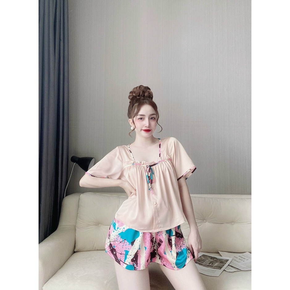 🎀 Vải xịn 🎀  Đồ bộ Đồ mặc nhà Đồ ngủ sleepwear hai dây đùi phối cột nơ dễ thương