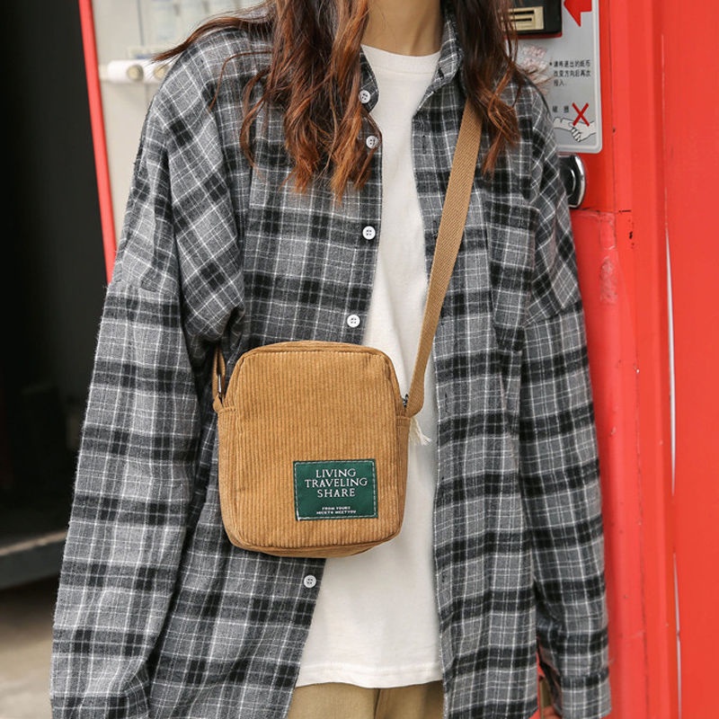 Túi Đeo Chéo Vai Đựng Điện Thoại Mini Vải Nhung Kẻ Phong Cách Harajuku Nhật Bản Dễ Phối Đồ Dành Cho Nữ