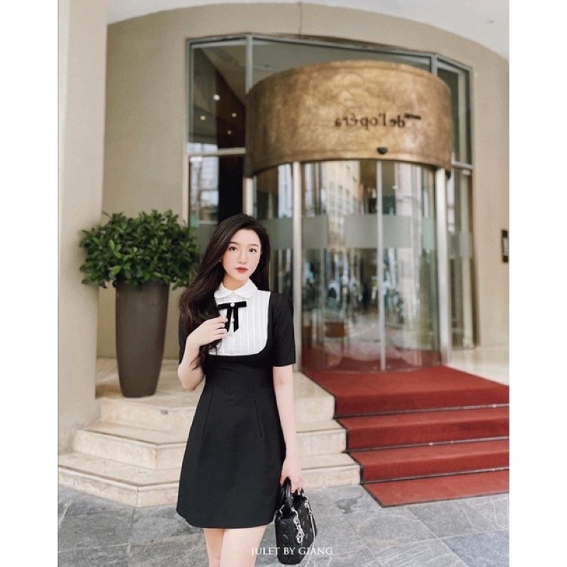 Đầm xoè Phối Nơ Cổ Yếm Váy Đầm Đen Tôn Dáng Siêu Sang