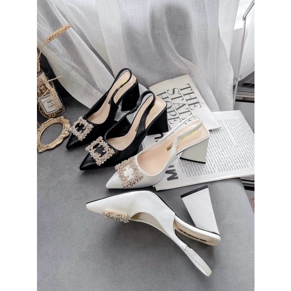 Bán Sỉ-Giày cao gót tam giác hở gót mũi nhọn da sần hoa đá vuông