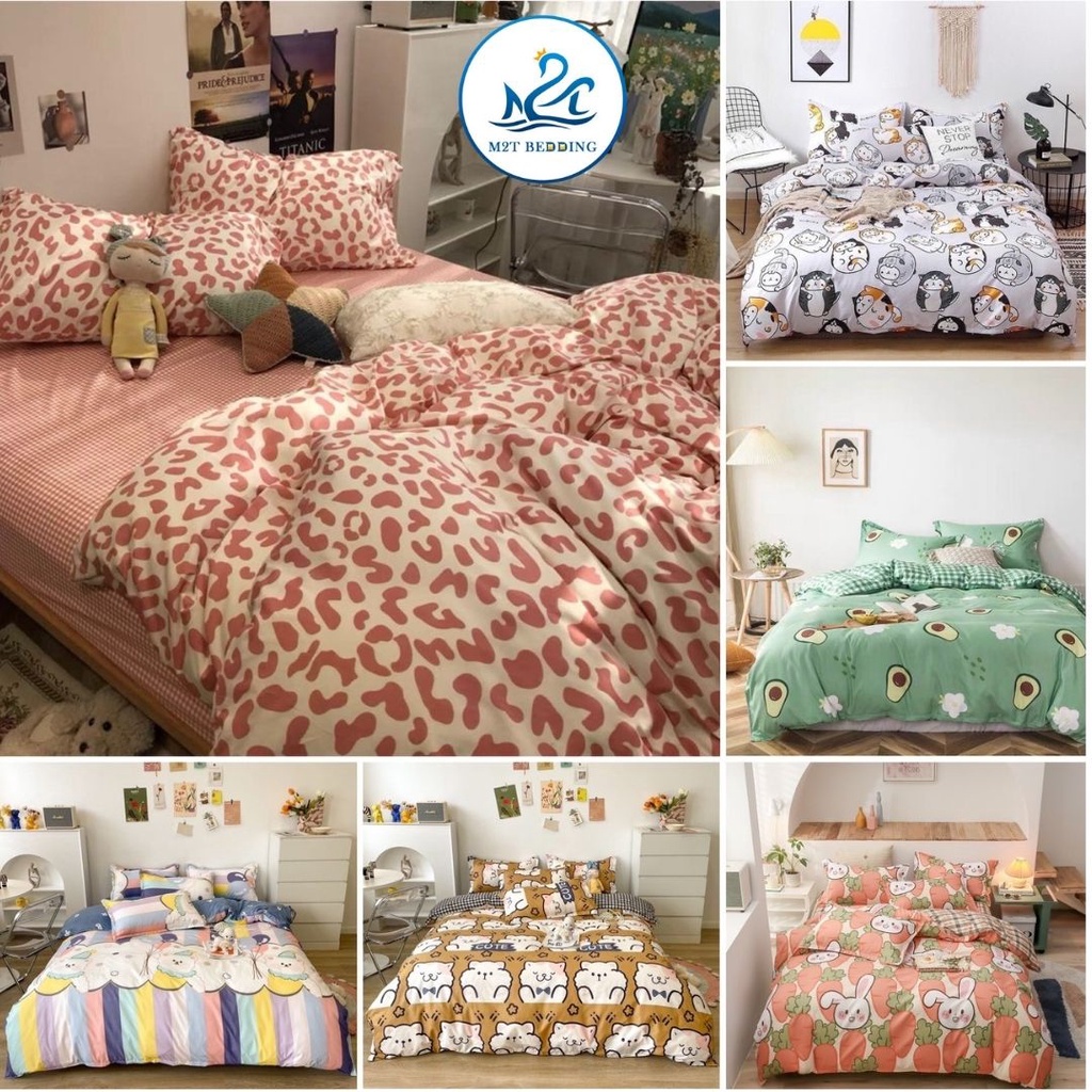 Bộ chăn ga Cotton poly M2T Bedding gồm vỏ chăn mền, drap ga giường và 2 vỏ gối nằm  - sweet