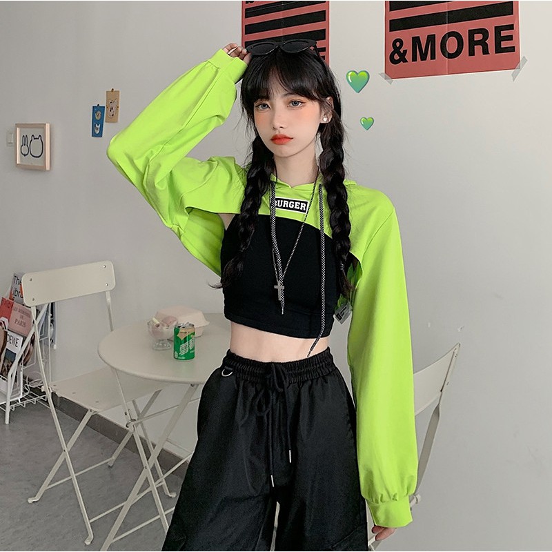 Set áo croptop Maoshop ôm body tay dài phong cách ulzzang Hàn Quốc, Áo hoodie croptop 2 món cá tính - C65