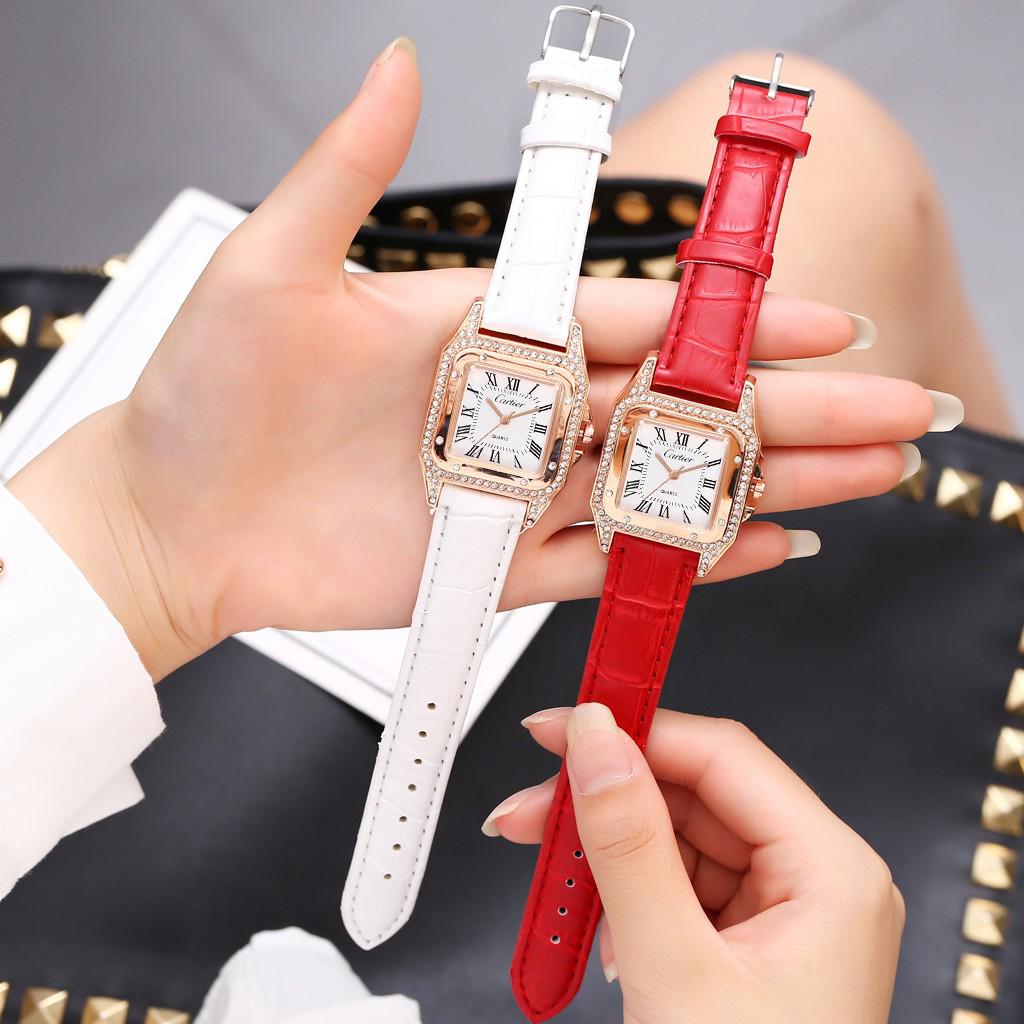 Đồng hồ analog thạch anh nữ dây da đính hạt đá