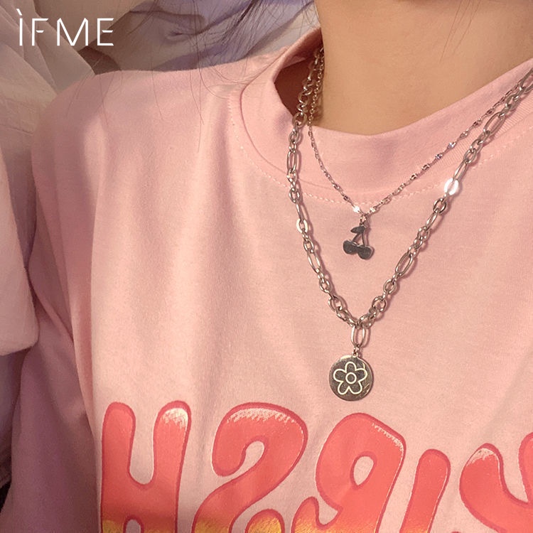 IF ME Dây chuyền hai lớp mặt hình hoa + cherry đơn giản thời trang Hàn Quốc dành cho nữ
