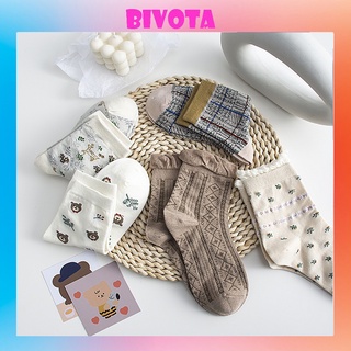 Set 5 đôi tất cổ cao Bivota vớ nữ gấu họa tiết caro Hàn Quốc cực xinh T85