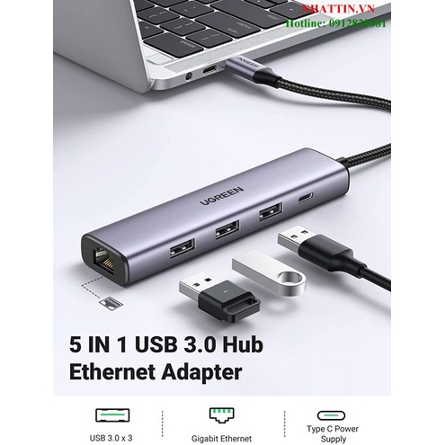 Hub chuyển đổi 5 in 1 USB Type-A ra Lan 1000Mbps Kèm HUB 3 Cổng USB 3.0 Ugreen 60554 cao cấp (cấp nguồn Type-C)