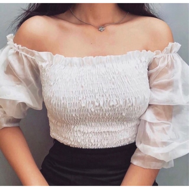 Áo croptop tay voan trong trễ hở vai chỉ chun - by SugarGalz