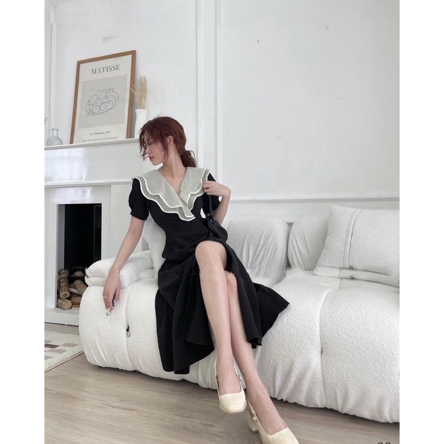 Đầm midi cổ voan bèo đắp chéo ( Có Bigsize )