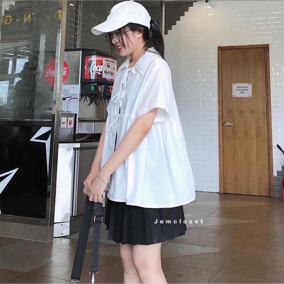 {SP mới - sẵn} -  Áo Babydoll Nữ Buộc Dây Trắng Đen 🦋 Áo Sơ Mi Nữ Cộc Tay Cổ Bẻ 2 Màu 🦋