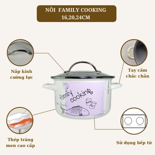 Nồi Thép Tráng Men nhập khẩu cao cấp CHEFTINA dùng được bếp từ, kích thước 16cm, 20cm, 24cm