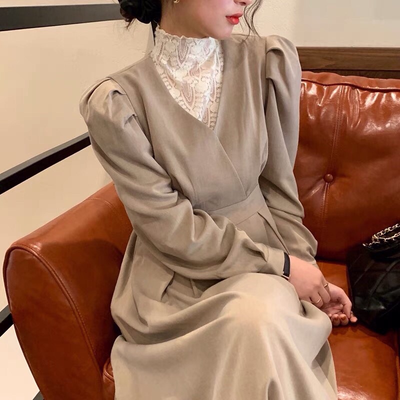 Đầm váy thu đông dáng dài vintage phối cổ ren sang trọng