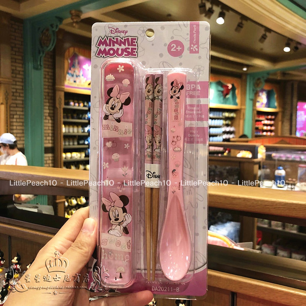 Set đũa muỗng Disney gỗ nhựa kèm hộp trong suốt Frozen Car Mickey Minnie cho trẻ em bé trai gái