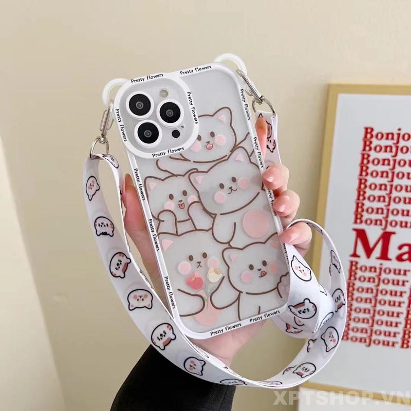 Ốp Điện Thoại Silicon Mềm Chống Sốc In Hình Gấu Hoạt Hình Có Dây Đeo Cho iPhone 14 Pro Max 13 Pro Max 12 Pro Max 11 Pro Max