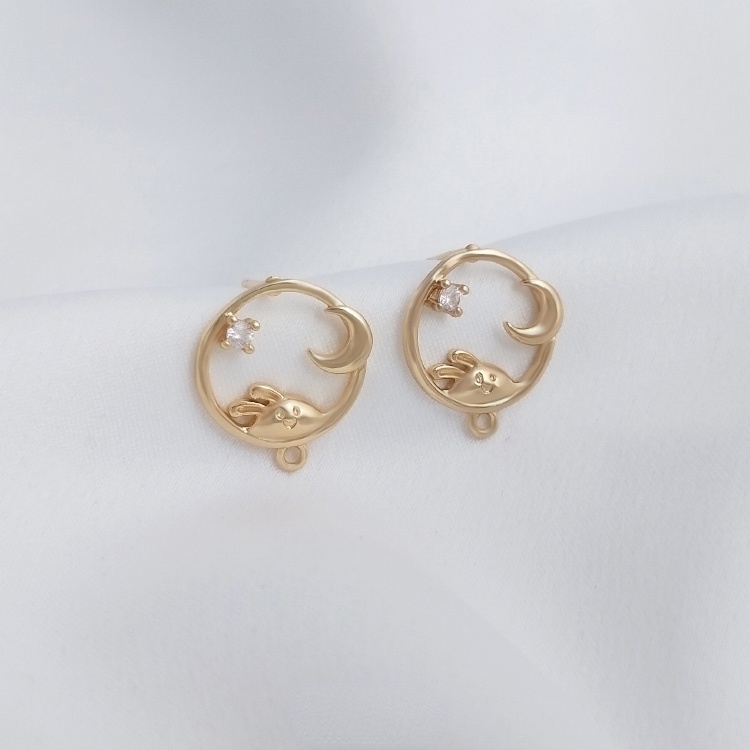 Bông Tai Mạ Vàng 14K Đính Đá Zircon Hình Thỏ / Mặt Trăng Nhiều Màu Sắc diy