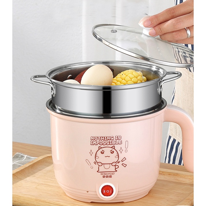 Nồi lẩu điện mini Cooking pot 1,8L. Tặng kèm xửng hấp inox - Ca nấu mì đa năng có tay cầm