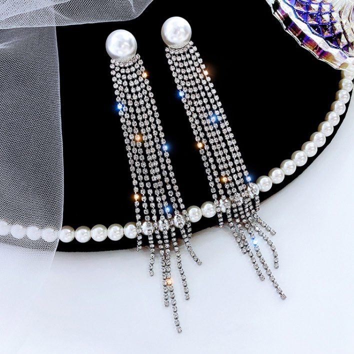 Bông Tai Mạ Bạc 925 Đính Đá Ngọc Trai Phối Tua Rua Phong Cách Hàn Quốc Thời Trang Cho Nữ