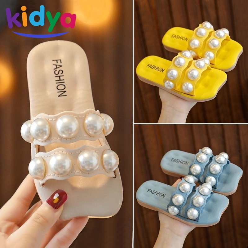 Dép Nhựa pvc Xỏ Ngón Đế Mềm Đính Hạt Giả Ngọc Trai Cho Bé Gái size 24-35