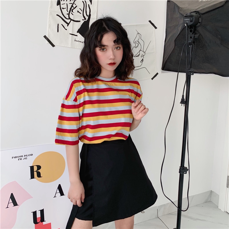 FREESHIP ĐƠN 99K_ Stripe T-shirt Korean Ulzzang Loose Casual Tee Short Sleeve Retro Tops Women