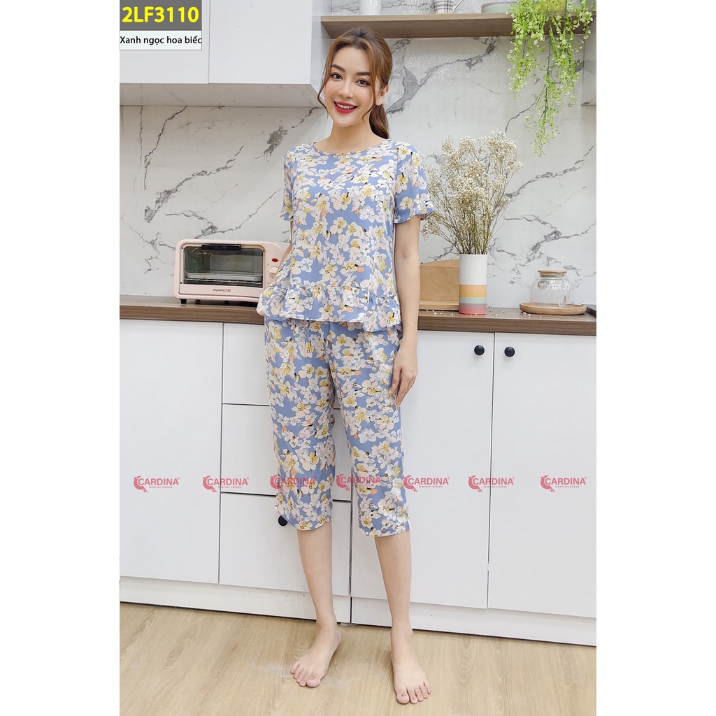 Đồ bộ nữ CARDINA chất lanh tre nhật cao cấp quần lửng áo cộc tay can bèo họa tiết 2LF31