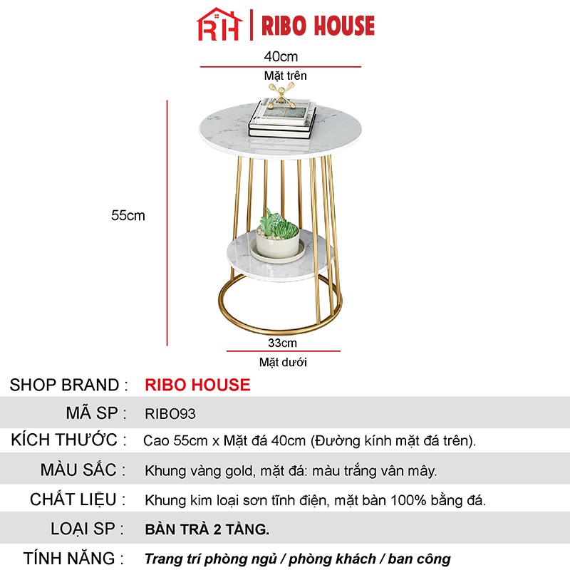 Bàn trà tròn sofa RIBO HOUSE mặt đá vân mây tab 2 tầng khung kim loại sơn tĩnh điện ngồi uống trà cafe ban công RIBO93