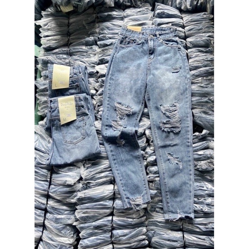 Quần baggy bò Xanh/ khói rách lưng cao
