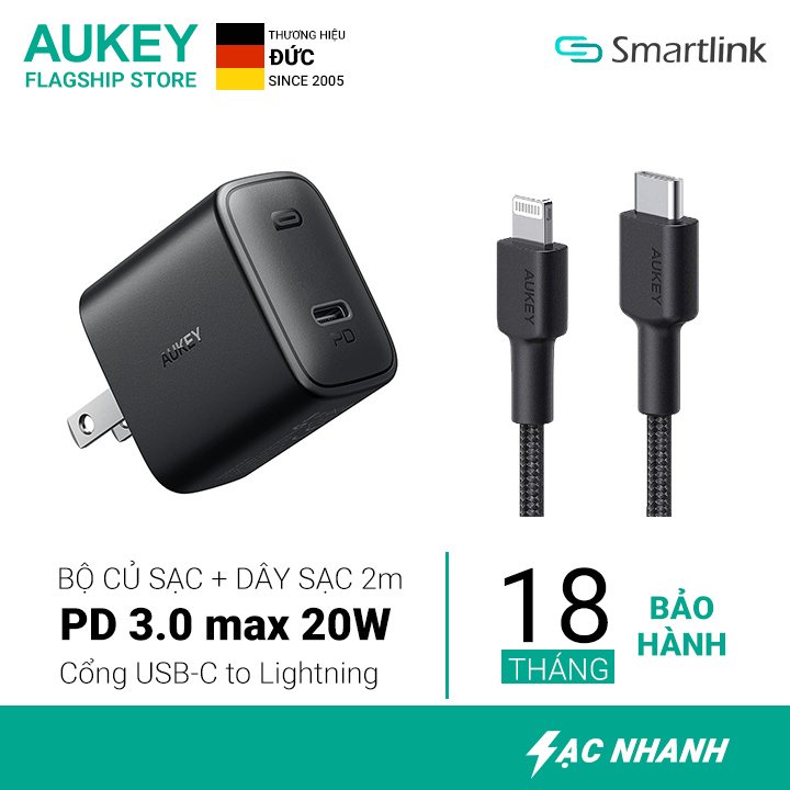 Combo củ sạc nhanh kèm cáp Lightning 2m Aukey PAF1S 20W chuẩn PD Chính hãng